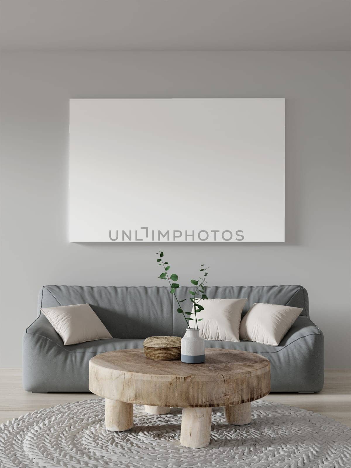 A 3D rendering of a contemporary living space with a sofa and wooden coffee table, showcasing stylish decor.