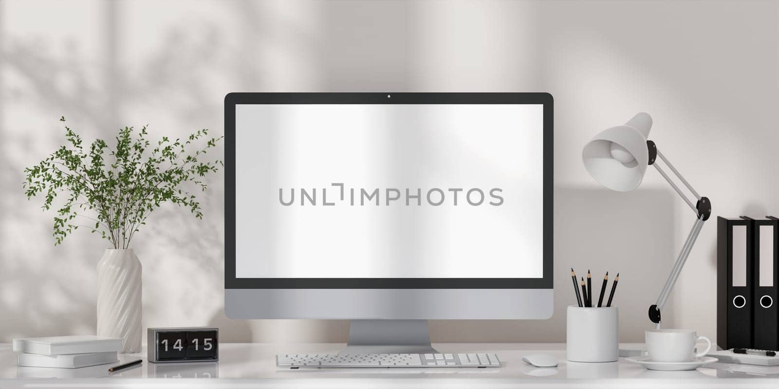 A 3D rendering of a minimalist workspace featuring a desktop computer and plant, ideal for a home office setup.