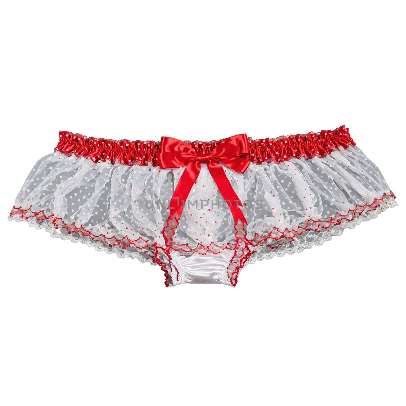 Sheer polka dot mesh garter belt contrasting red lace trim satin bows kinetic product shot. Woman lingerie isolated on transparent background.
