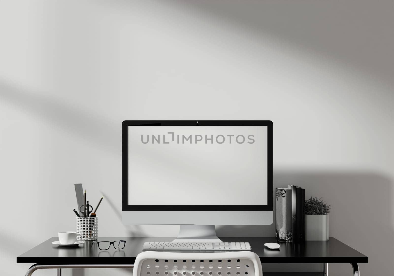 A 3D rendering of a sleek office desk with a computer and accessories, representing a professional workspace.