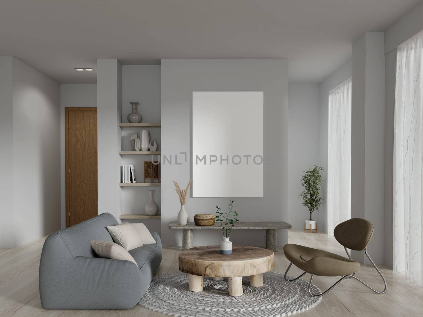 A 3D rendering of a modern living room with cozy seating and a blank canvas, offering interior design inspiration.