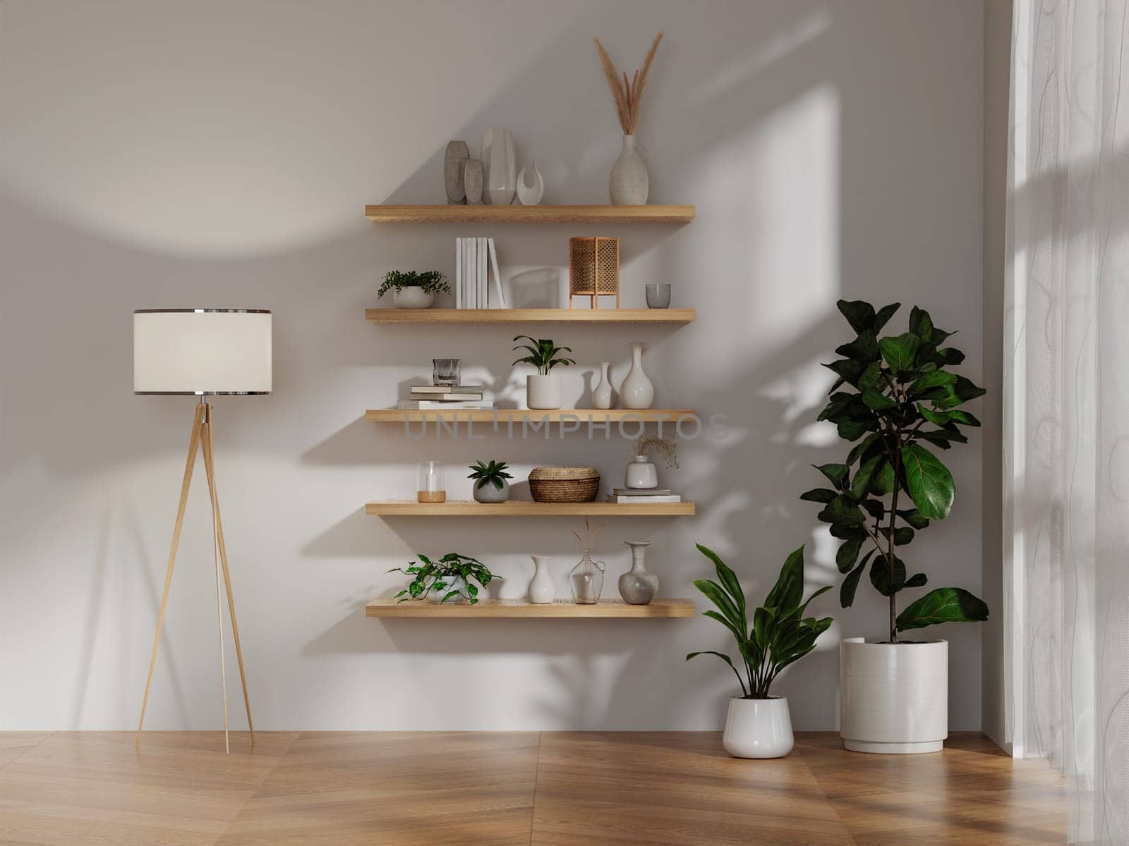 A 3D rendering of a modern living room with floating shelves and plants, emphasizing stylish decor.