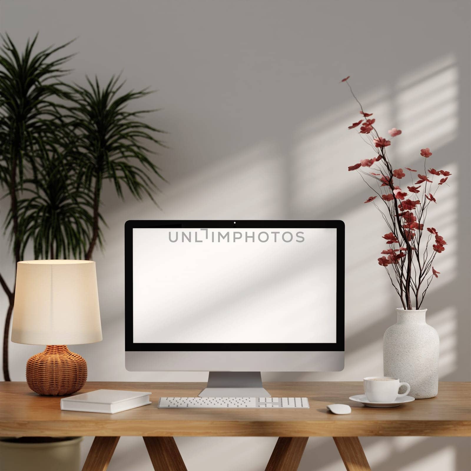 A 3D rendering of a home office with a desktop computer and natural elements, fostering a productive workspace.