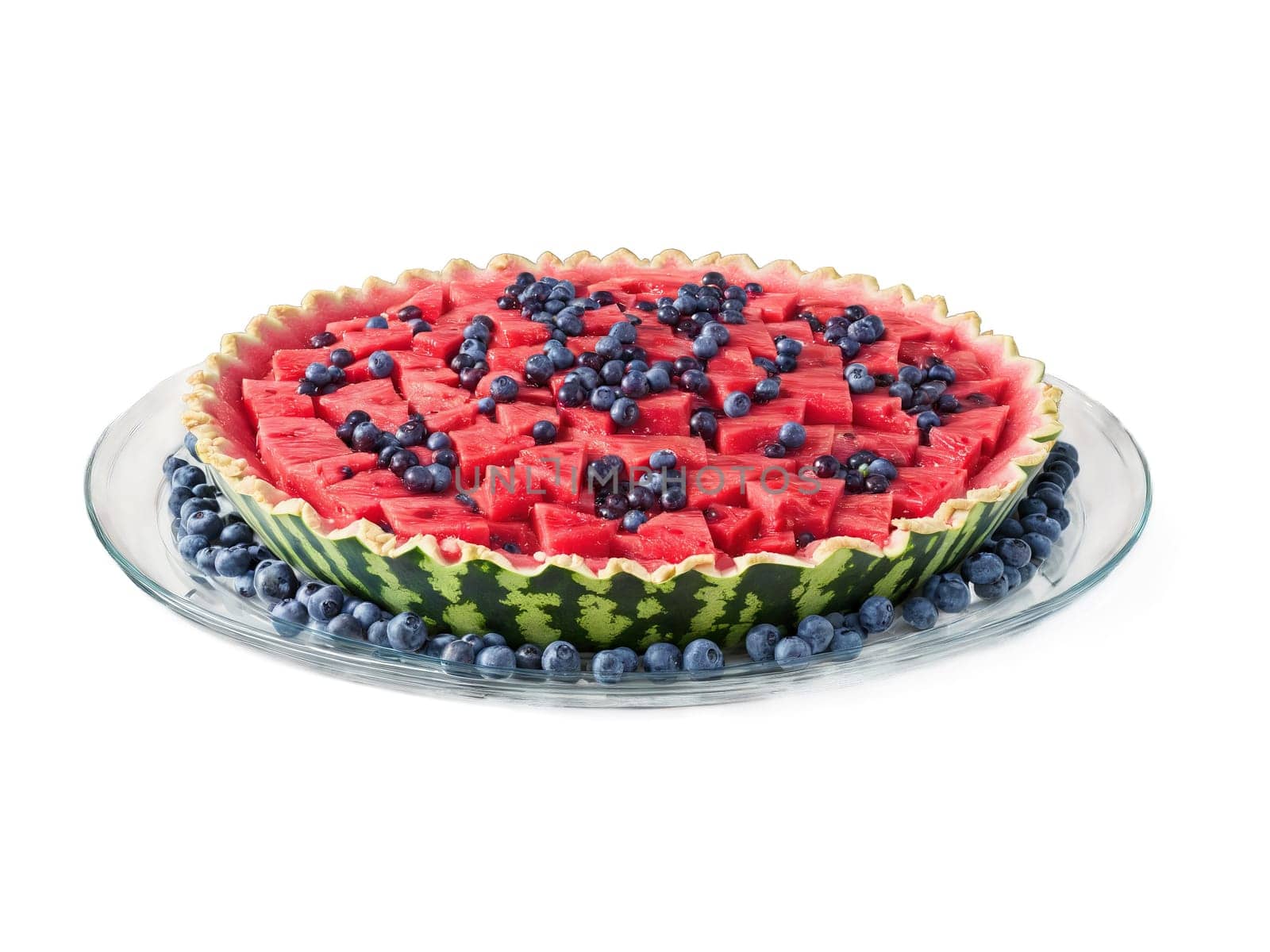Fourth of July watermelon slices and blueberry pie served on a transparent glass dish summery. Food isolated on transparent background.