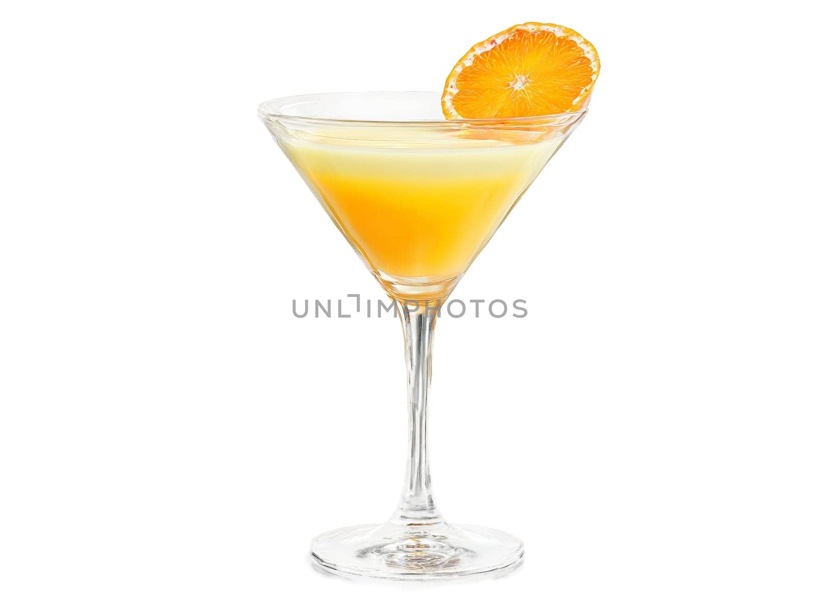 Golden Dream A chic martini glass with pale orange liquid orange slice and cherry with. Drink isolated on transparent background.