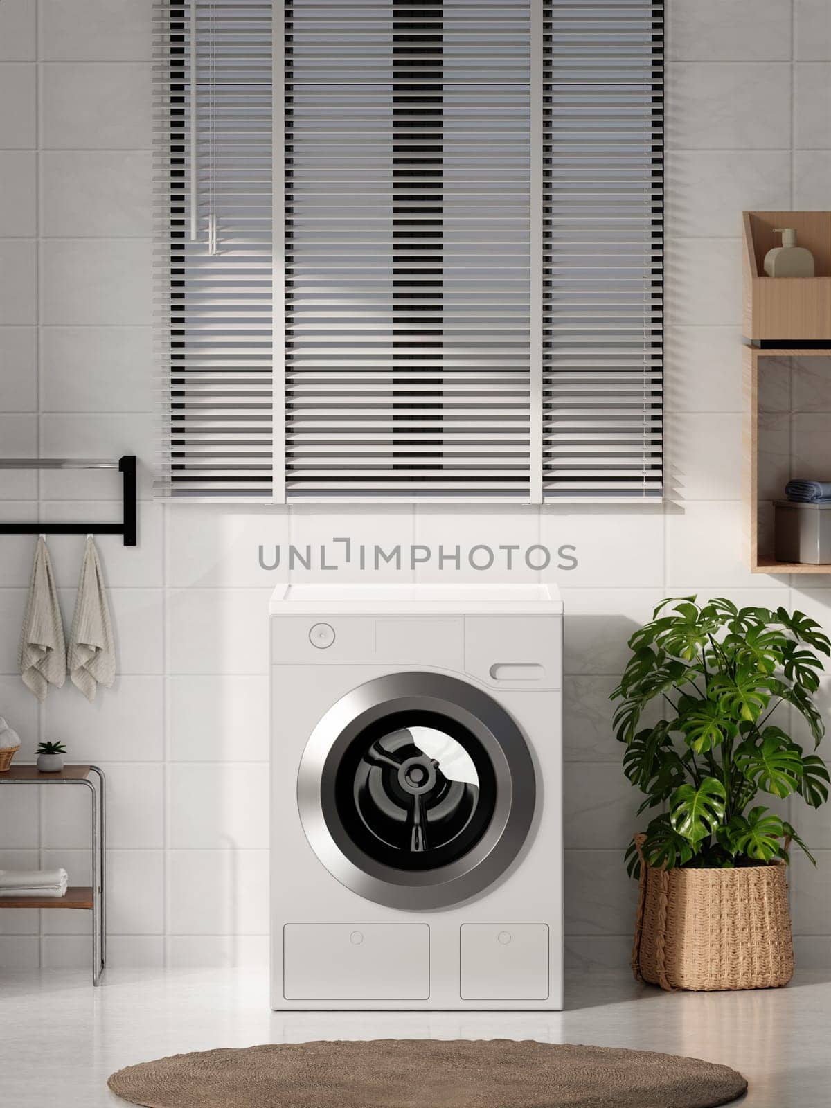 A 3D rendering of a modern laundry room with a washing machine and greenery, emphasizing functional design.
