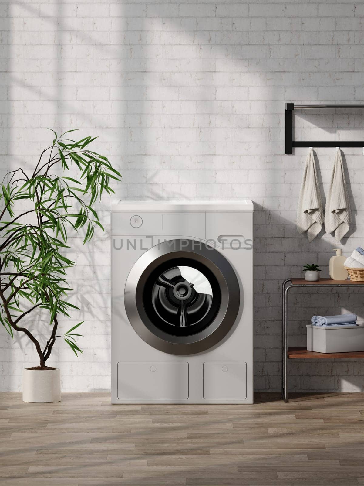 A stylish 3D interior design featuring a modern washing machine, minimalist decor, green plant, and wooden shelf in a bright laundry room.