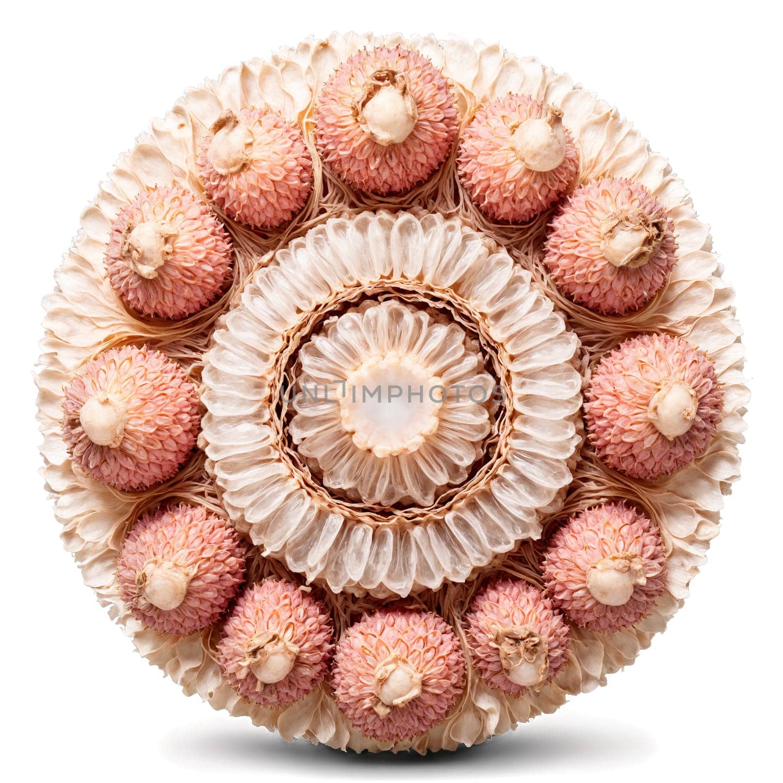 Dried Lychee Mandala pale tan dried lychees spiraling into a precise mandala steam gently rising. Food isolated on transparent background.