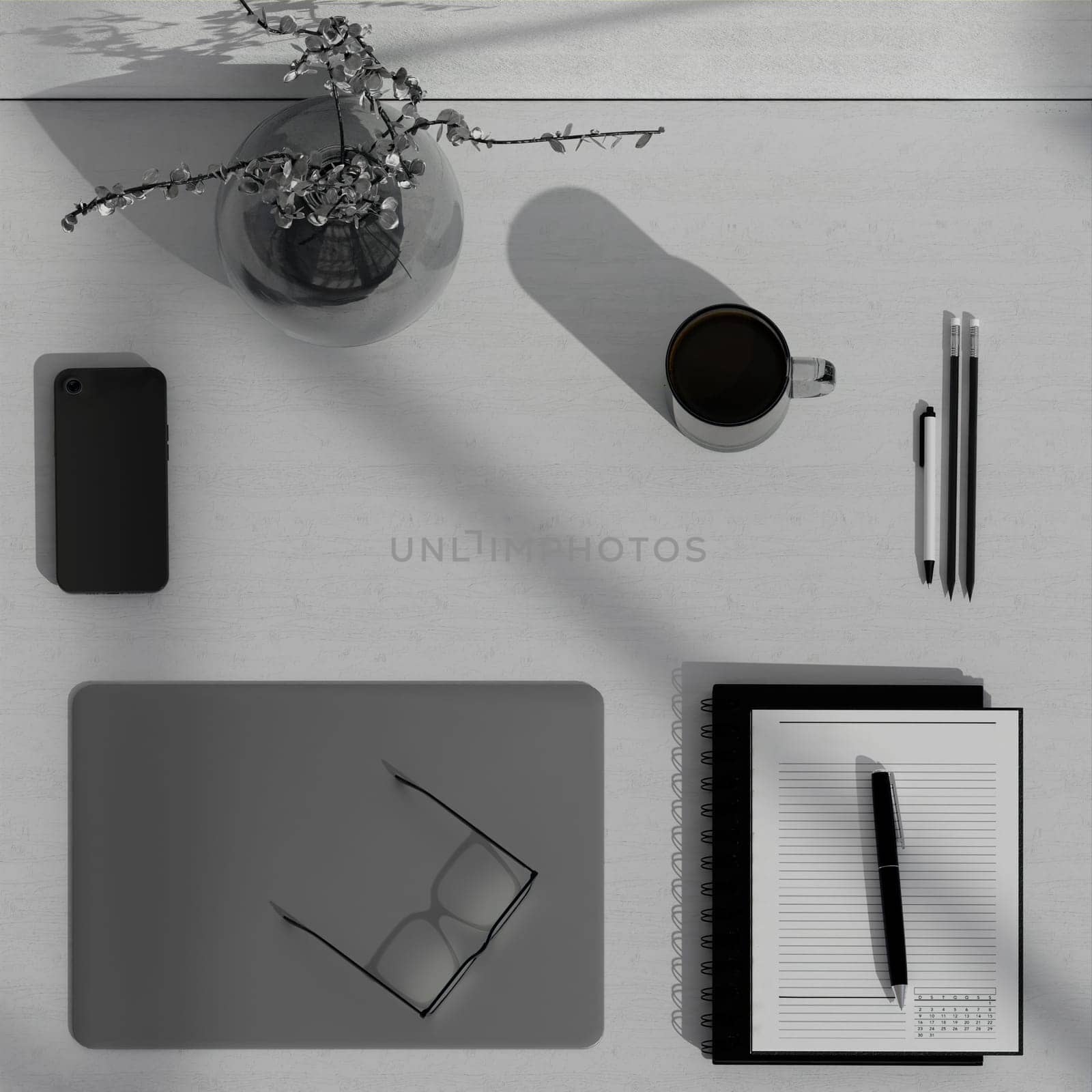 A 3D rendering of a top view of a minimalist desk with a notebook and coffee, illustrating an organized workspace.