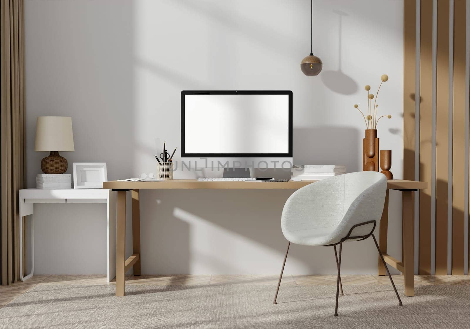 A 3D rendering of an elegant office desk with a computer and chair, representing a professional workspace.