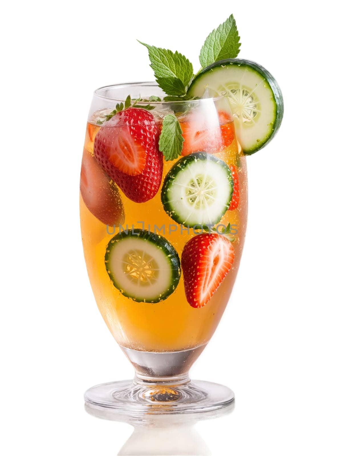 British Pimm s Cup in clear glass filled with cucumber slices strawberries and mint leaves. Drink isolated on transparent background.