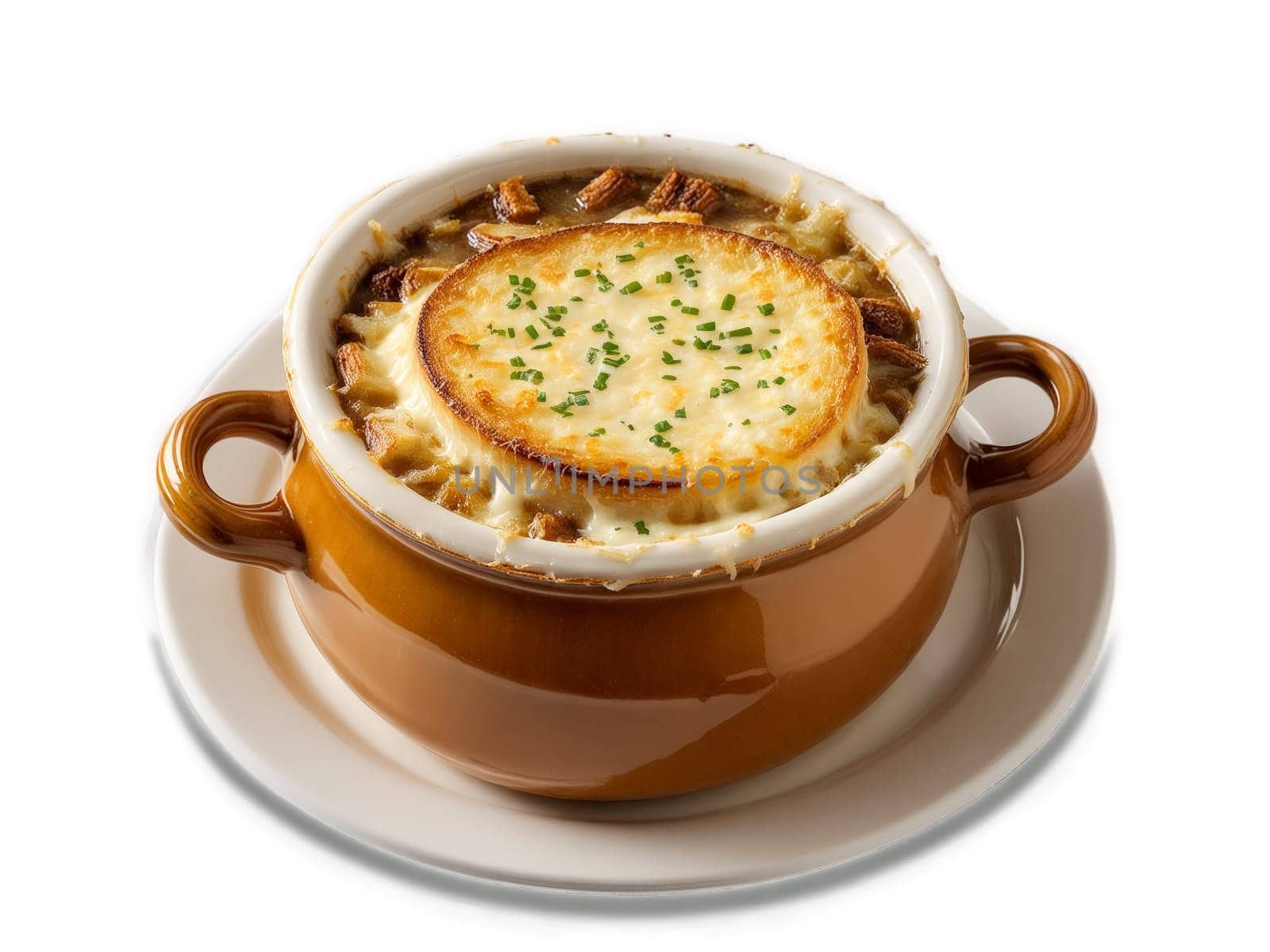 French Onion Soup Rich savory French onion soup topped with melted cheese and crispy bread. Food isolated on transparent background.
