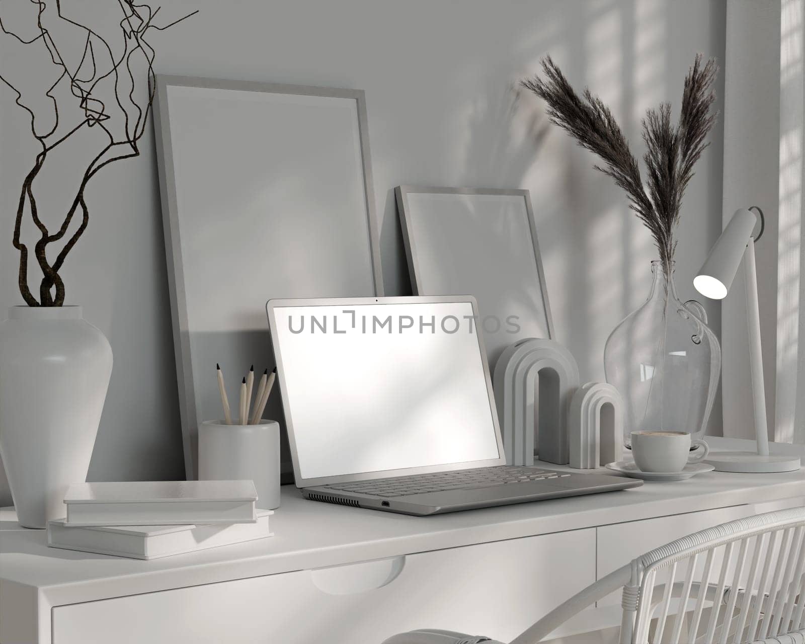 A 3D rendering of an artistic home office with a laptop and decorative elements, fostering a creative workspace.