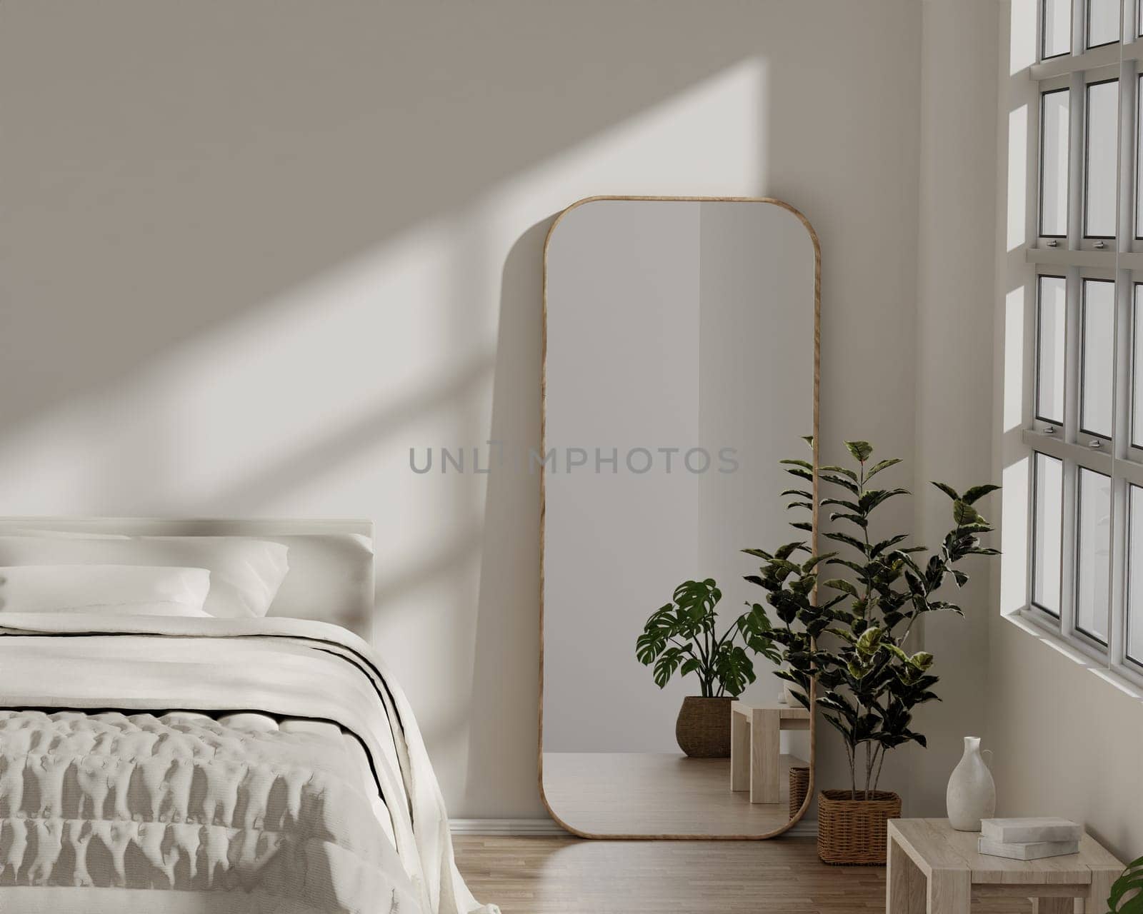 A 3D rendering of a bedroom with a large mirror and greenery, highlighting modern interior design.