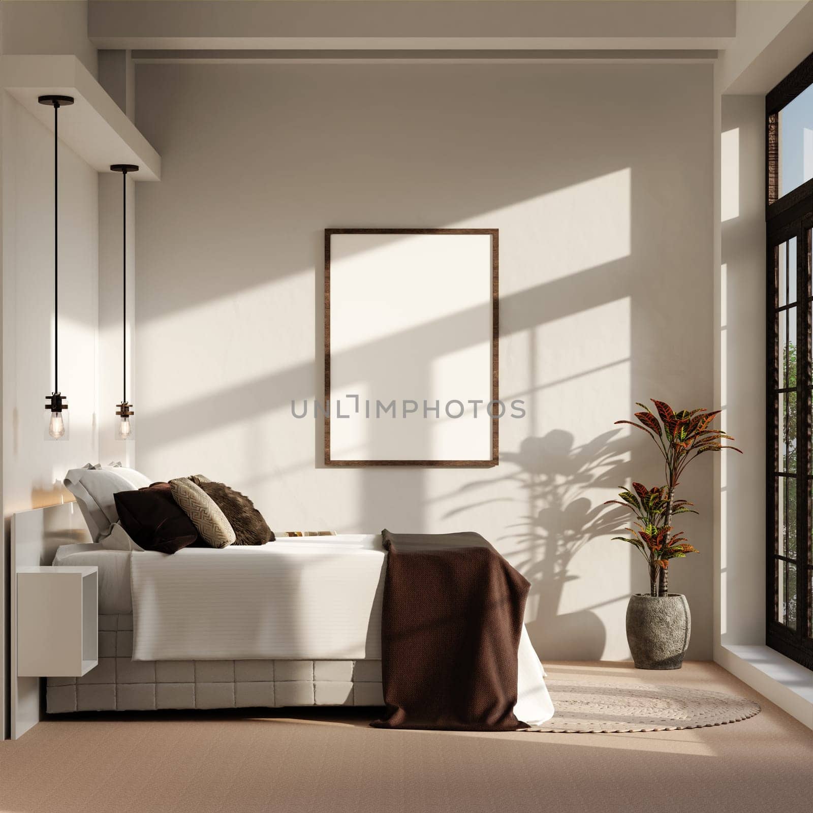 A 3D rendering of a contemporary living space with a sofa and wooden coffee table, showcasing stylish decor.