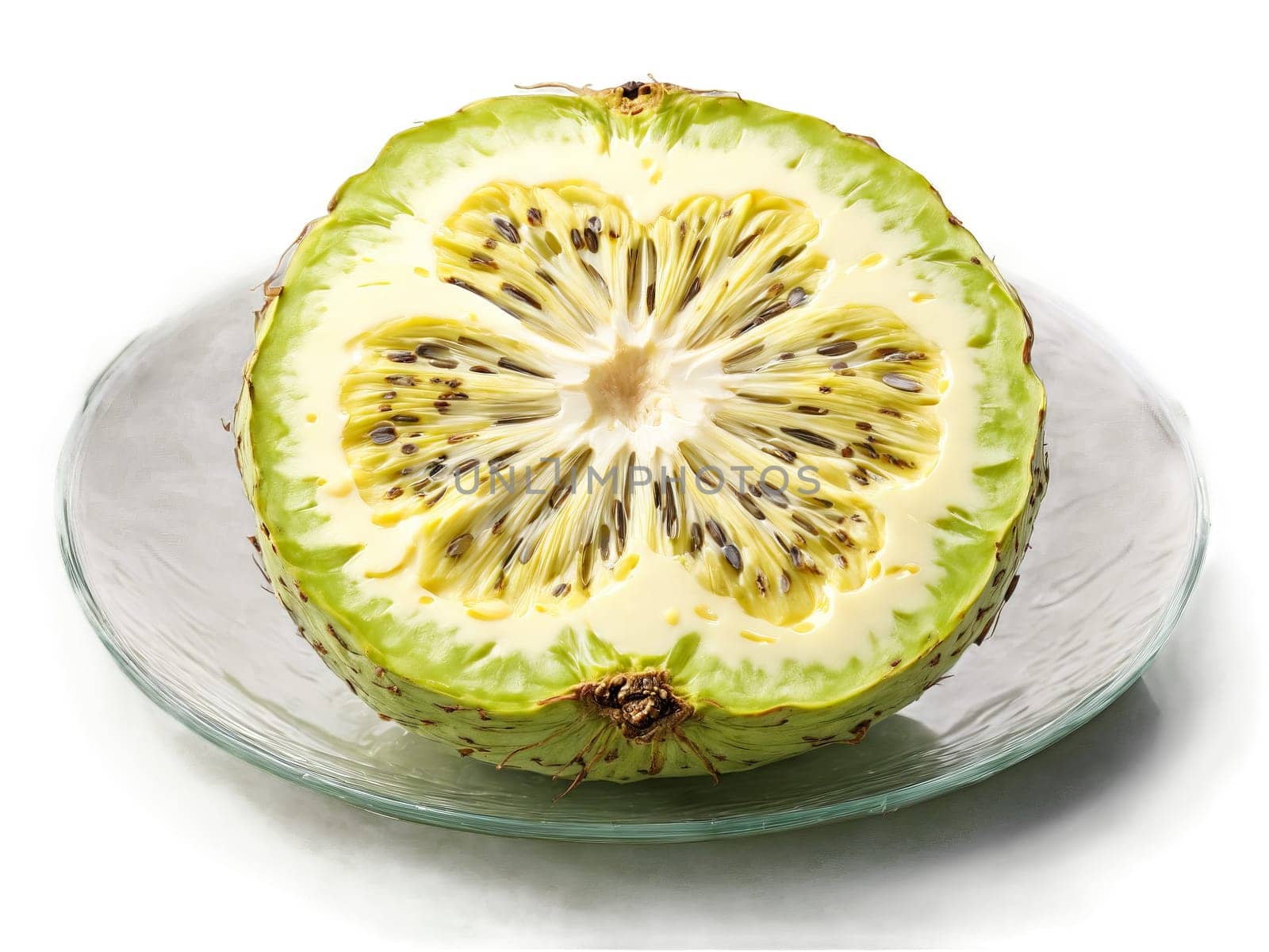 Cherimoya cut open to show the creamy interior served on a transparent glass plate custard. Food isolated on transparent background.
