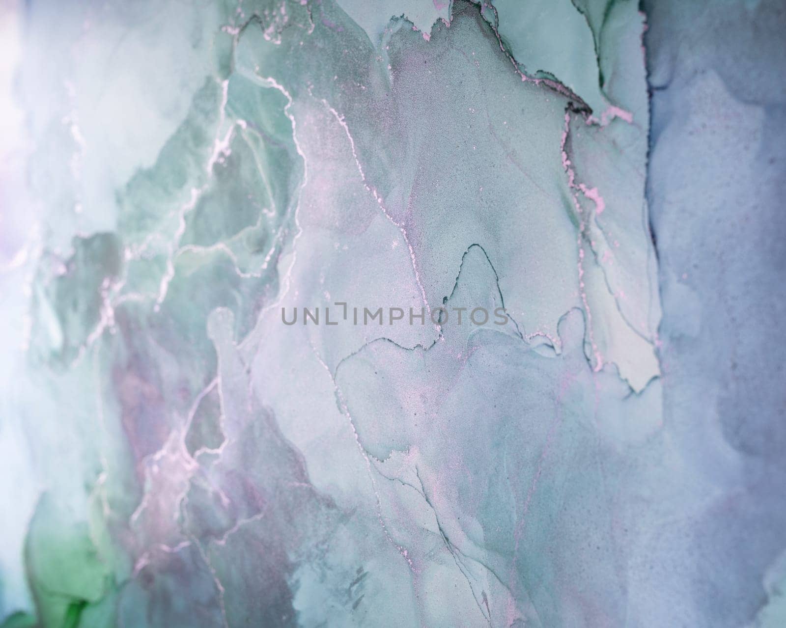 The artwork features a gentle blend of soft greens and blues, creating flowing shapes that evoke a sense of tranquility and serenity, perfect for a calming atmosphere.