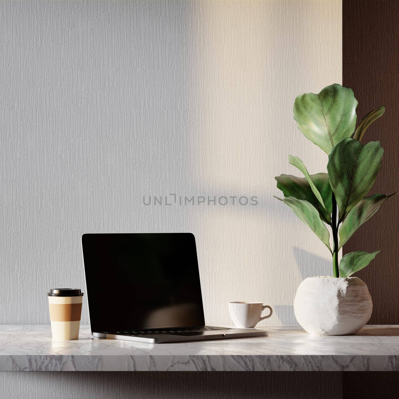 A 3D rendering of a minimalist workspace with a laptop and plant, creating a calm work environment.