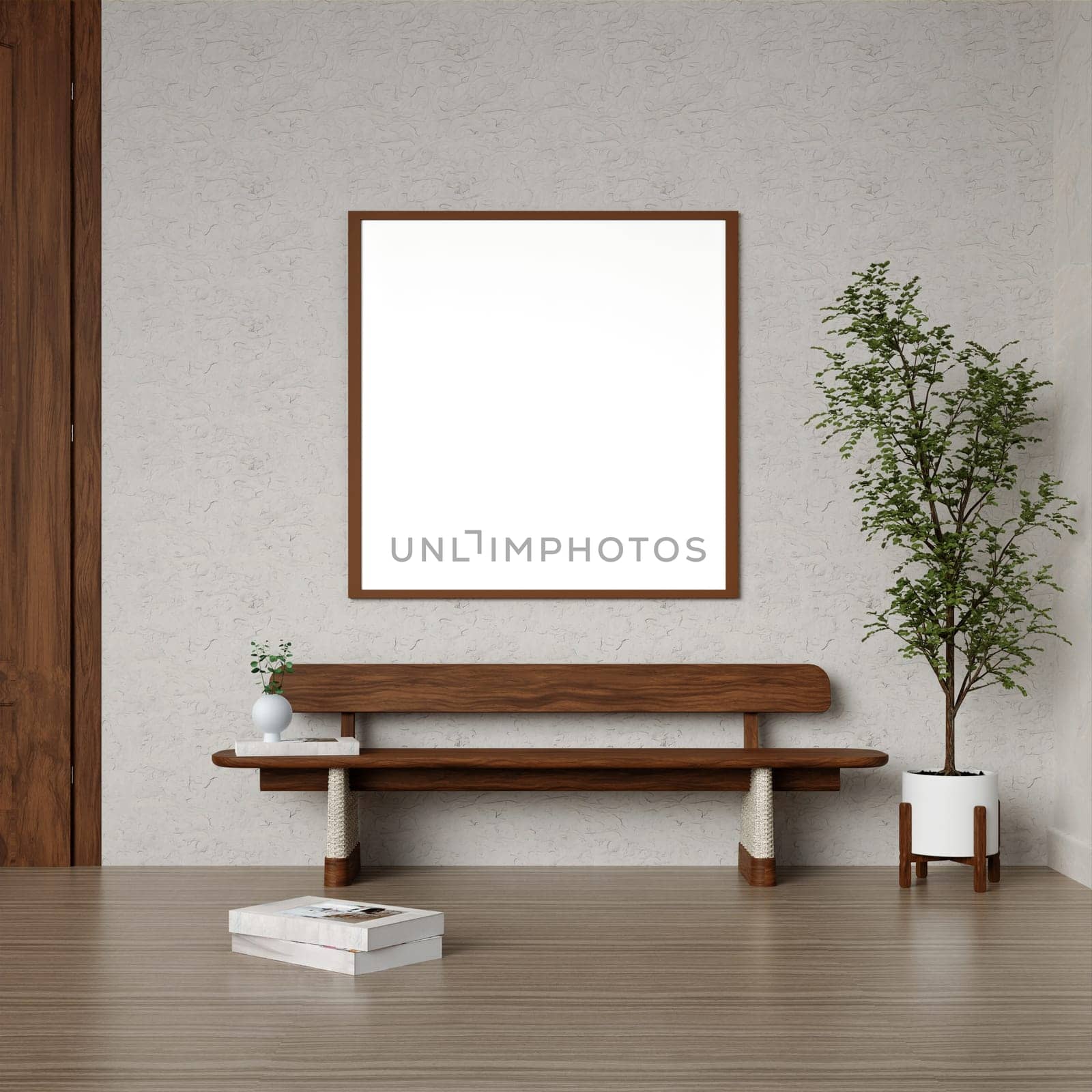 A 3D rendering of a minimalist hallway with a bench and plant, showcasing elegant interior design.