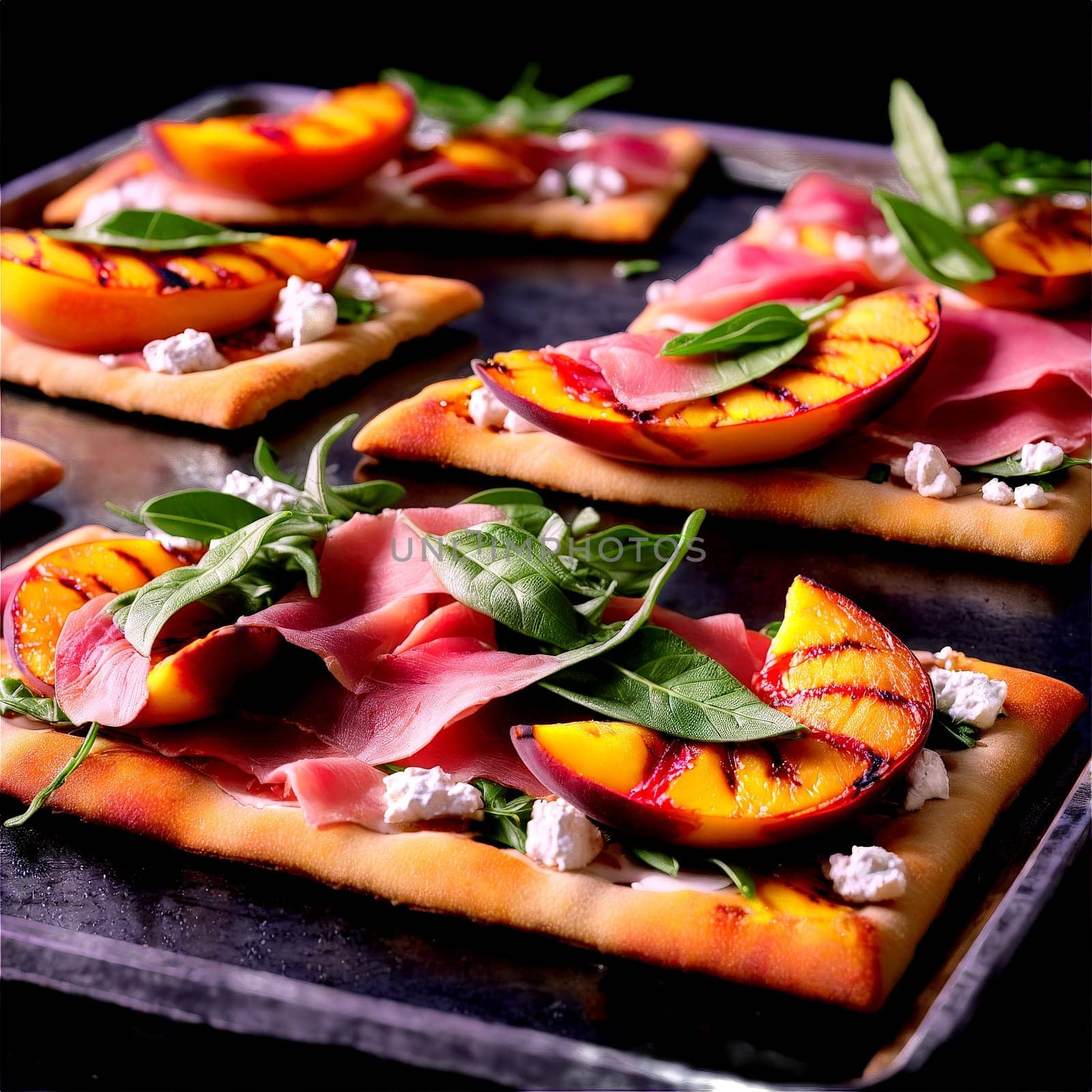 Grilled peach and prosciutto flatbread with grilled peaches prosciutto goat cheese and arugula on a. close-up food, isolated on transparent background