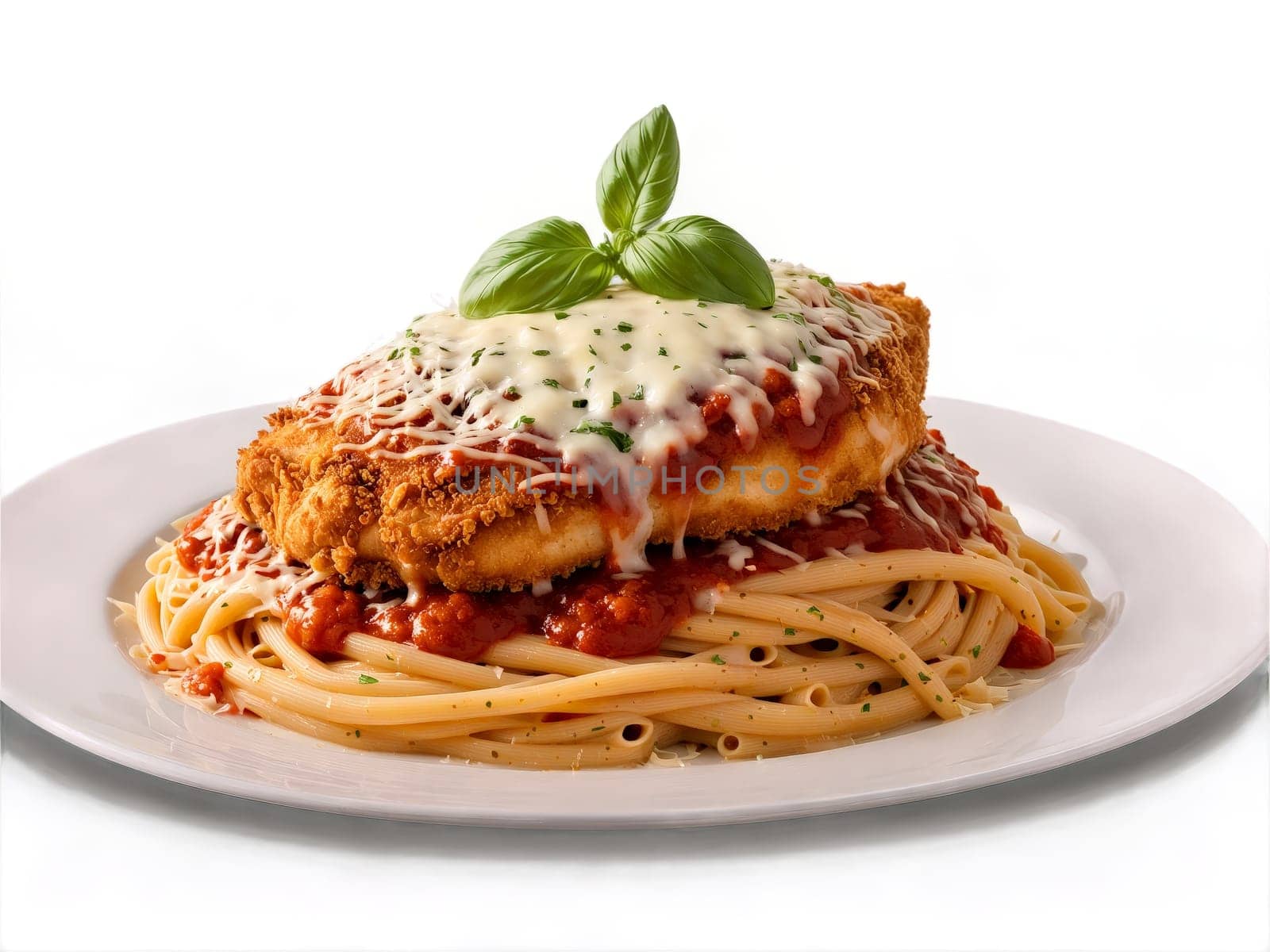 Chicken Parmesan Crispy chicken breast topped with tomato sauce and melted cheese served over bed. Food isolated on transparent background.