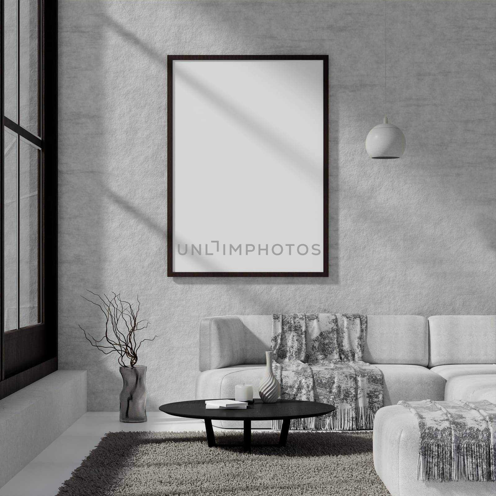 A 3D rendering of a modern living room with a large blank frame, emphasizing interior design focus.