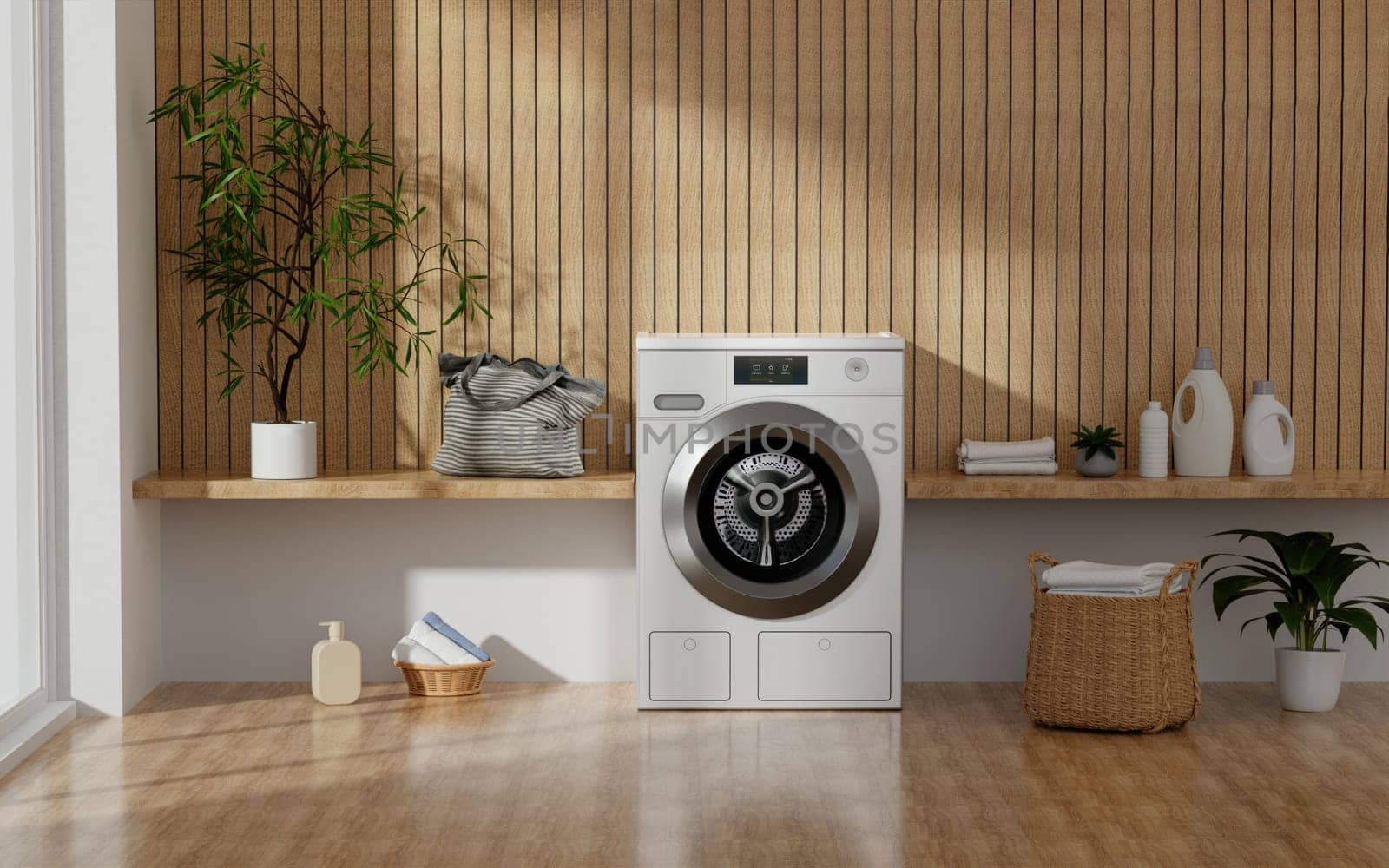 A 3D rendering of a spacious laundry room with a washer and storage, highlighting practical interior design.
