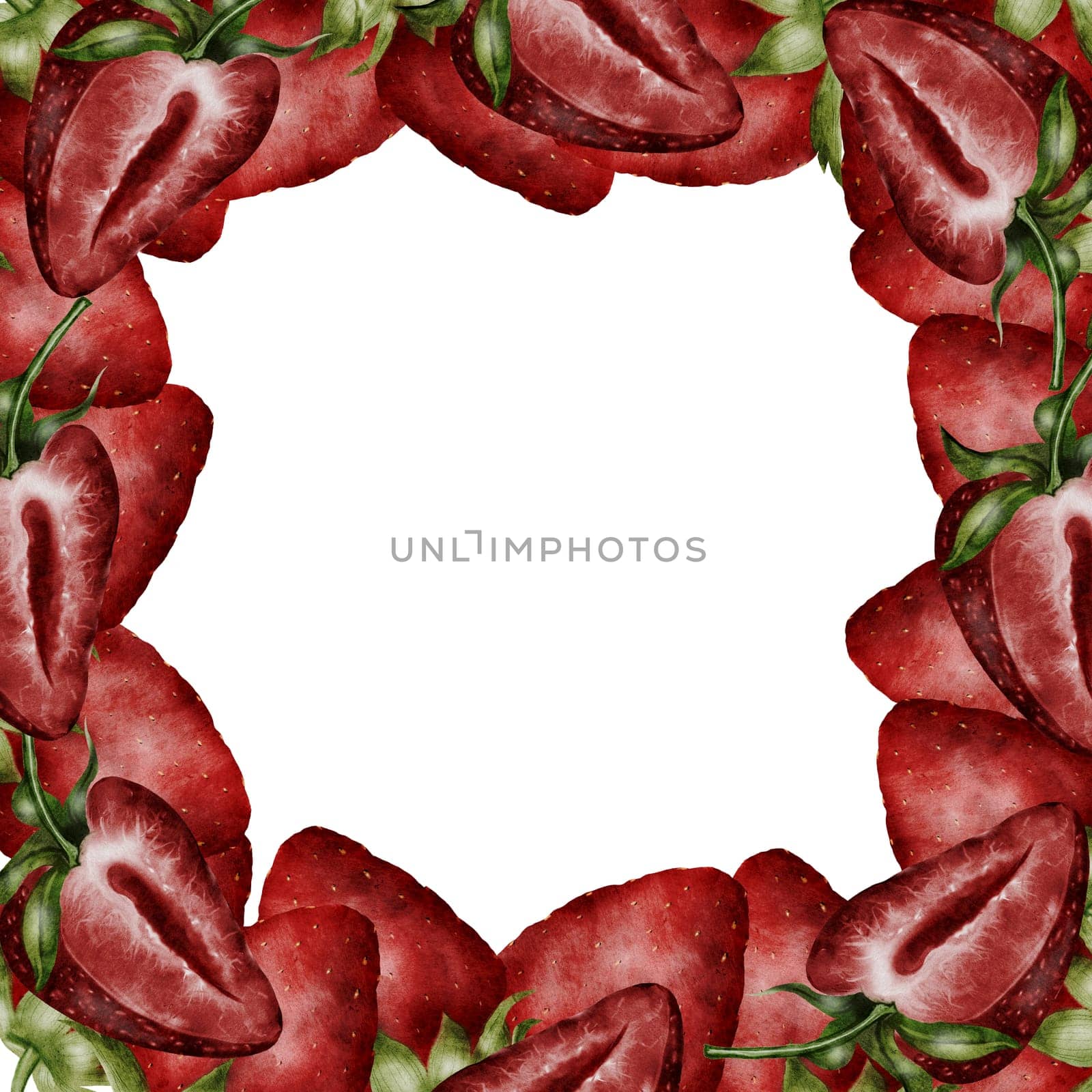 Strawberry watercolor frame. Hand drawn juicy berry realism on isolated white background. Clip art berries. Ideal for fresh food packaging and natural cosmetics stores. High quality illustration