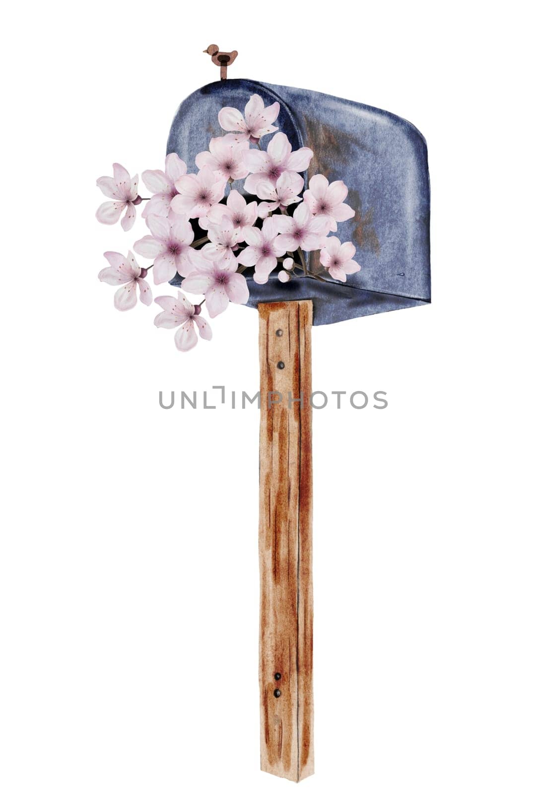 Mailbox watercolor. Vintage blue letter container on a wooden stand with cherry blossoms. Isolated clip art on white background. Ideal for postcards for Postal Day, Postal Worker. High quality illustration
