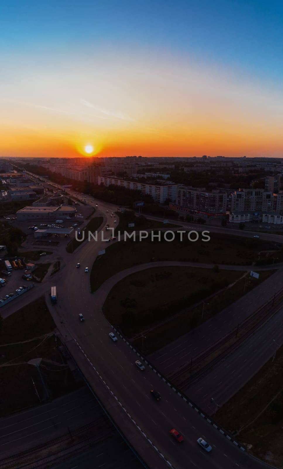 BARNAUL - JULE, 28 Vertical Panoramic picture from drone, to road and cars driving, summer sunny evening in Jule 28, 2019 in Barnaul , Siberia, Russia