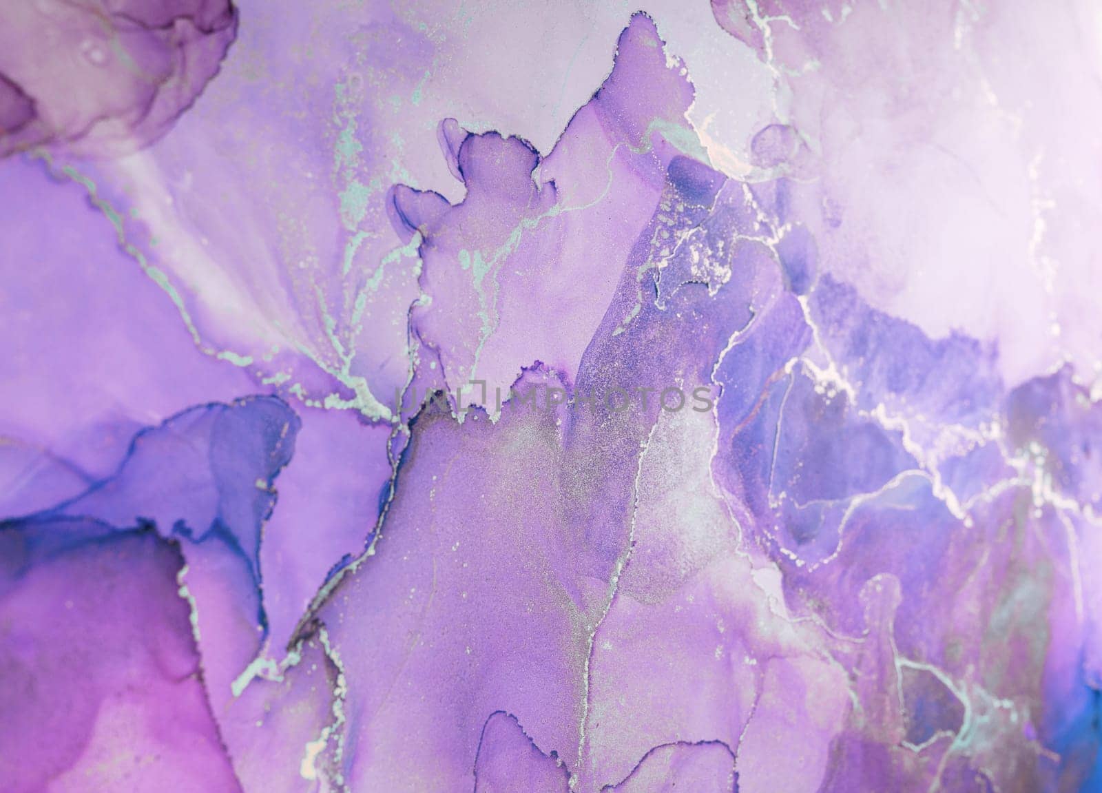 This abstract artwork features swirling patterns in various shades of purple, intermingled with delicate textures and shimmering details, creating a captivating visual experience.