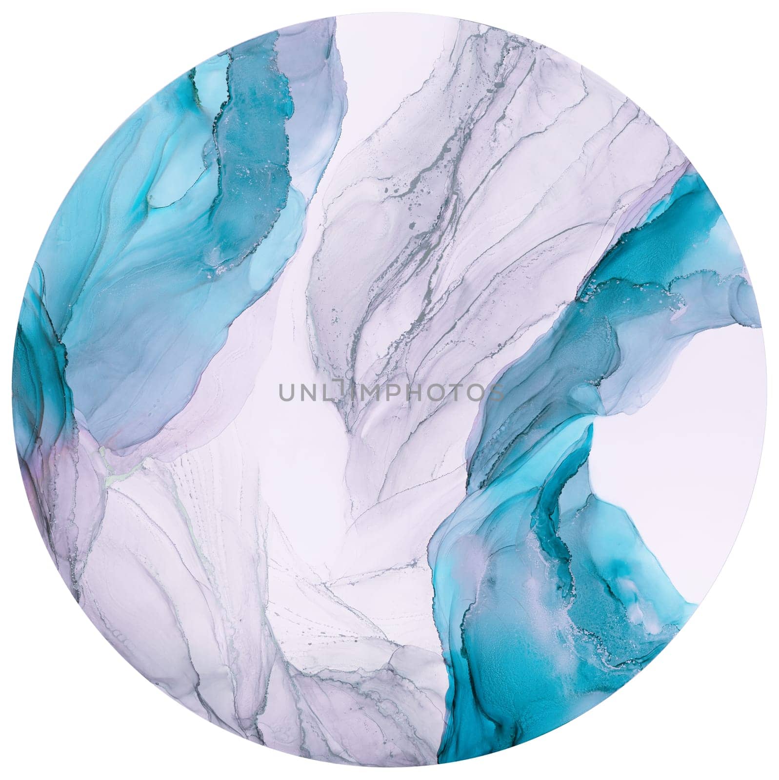A circular canvas displays an artistic blend of teal and purple colors, creating fluid patterns against a white backdrop, evoking a serene and calming atmosphere.
