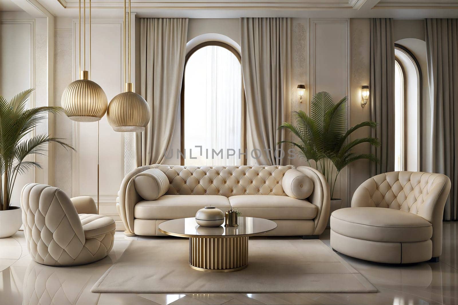 Luxury stylish bright light modern interior of living room. White walls decorated by ornament. Nobody inside room, houseplants. Ai generated image