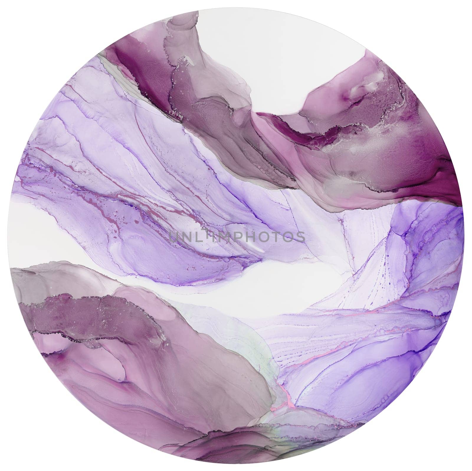 This artwork showcases a circular composition with a blend of flowing purple hues and delicate white accents, creating a serene and dreamlike atmosphere perfect for decoration.