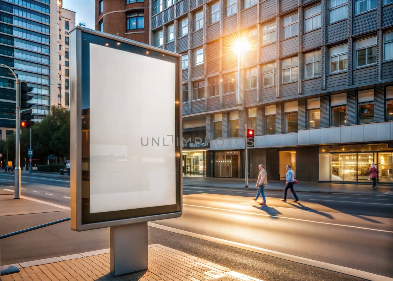 Blank city format Billboard (LightPoster, CityLight) banner pylon in in the city center mock-up. Blurred background. Ai generated image