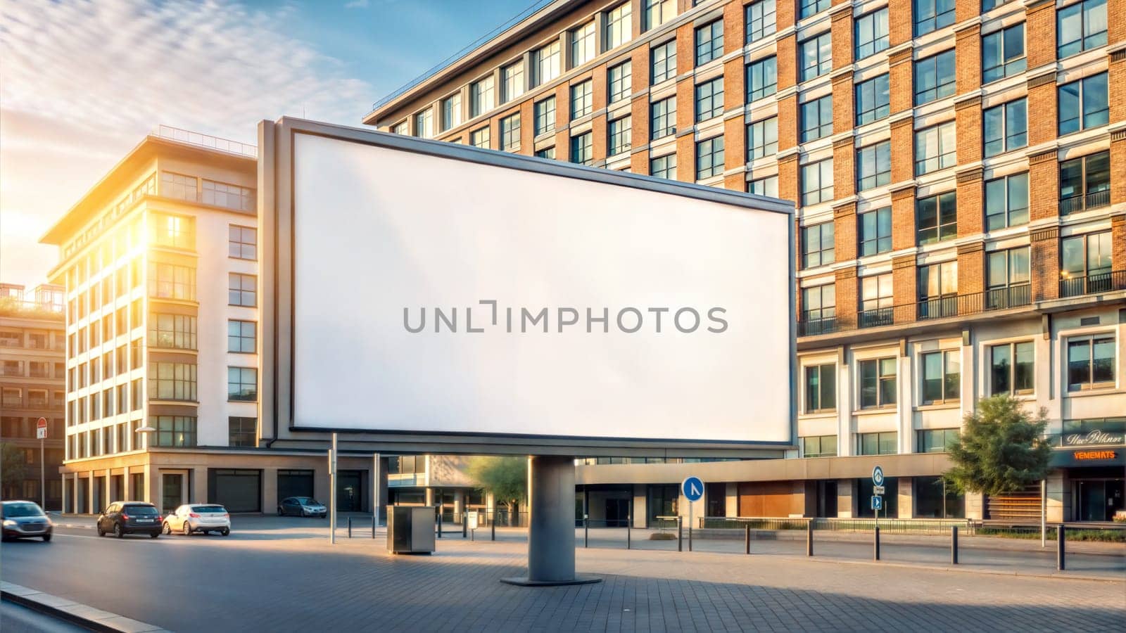 Blank advertising billboard on city street , blurred background. Ai generated image