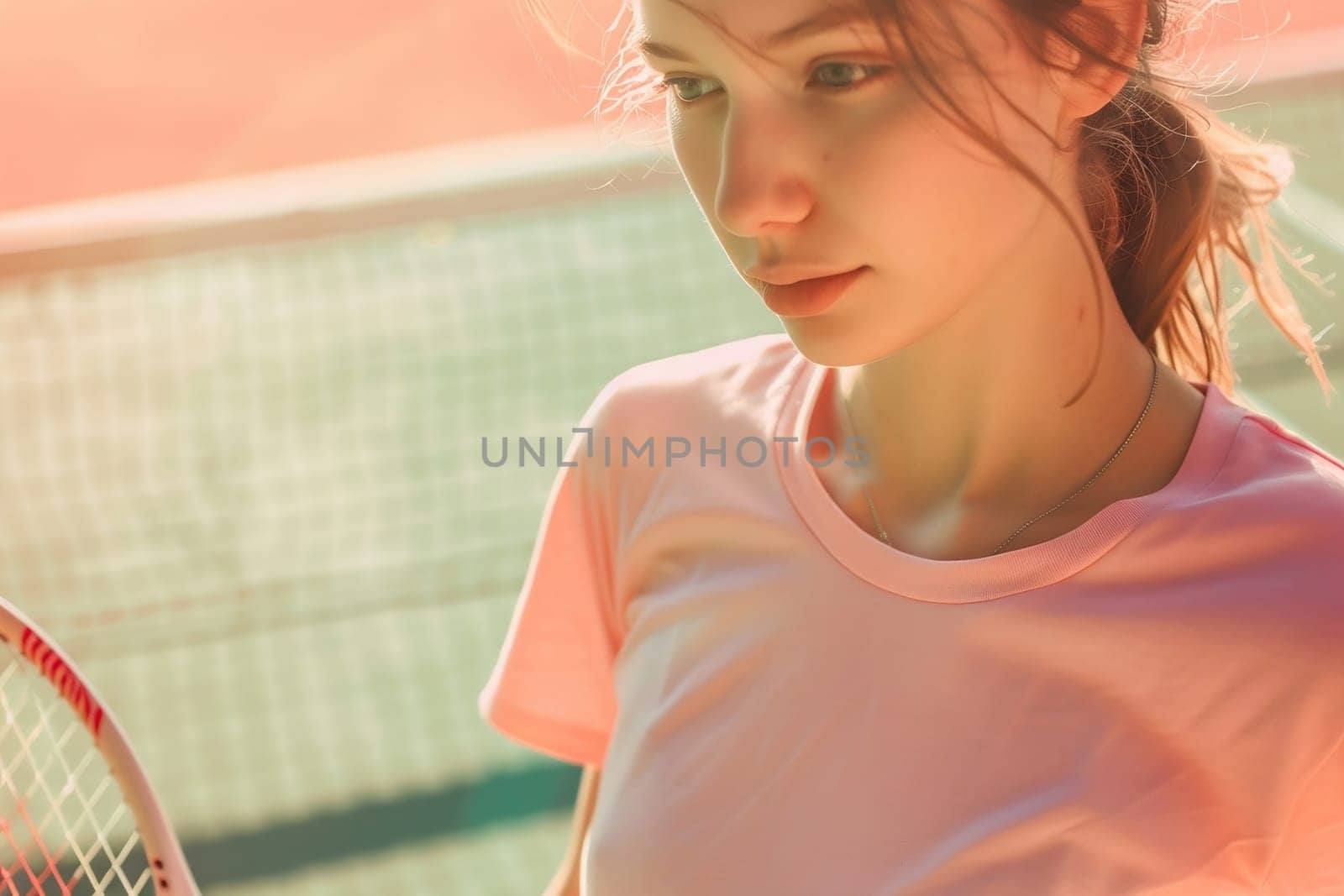 Young woman with a tennis racket, close-up. Tennis sport. AI generated