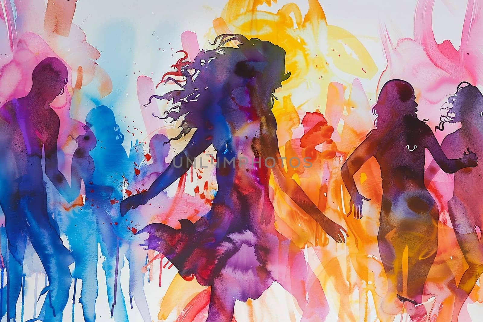 Watercolor illustration with drips and drops of paint: happy young people dancing, dancing silhouettes. Generated by AI