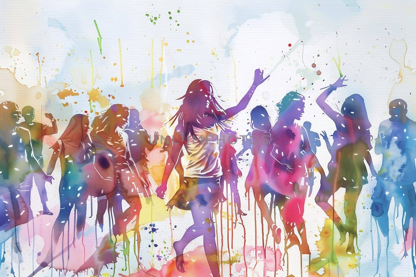 Watercolor illustration with drips and drops of paint: happy young people dancing, dancing silhouettes. Generated by AI