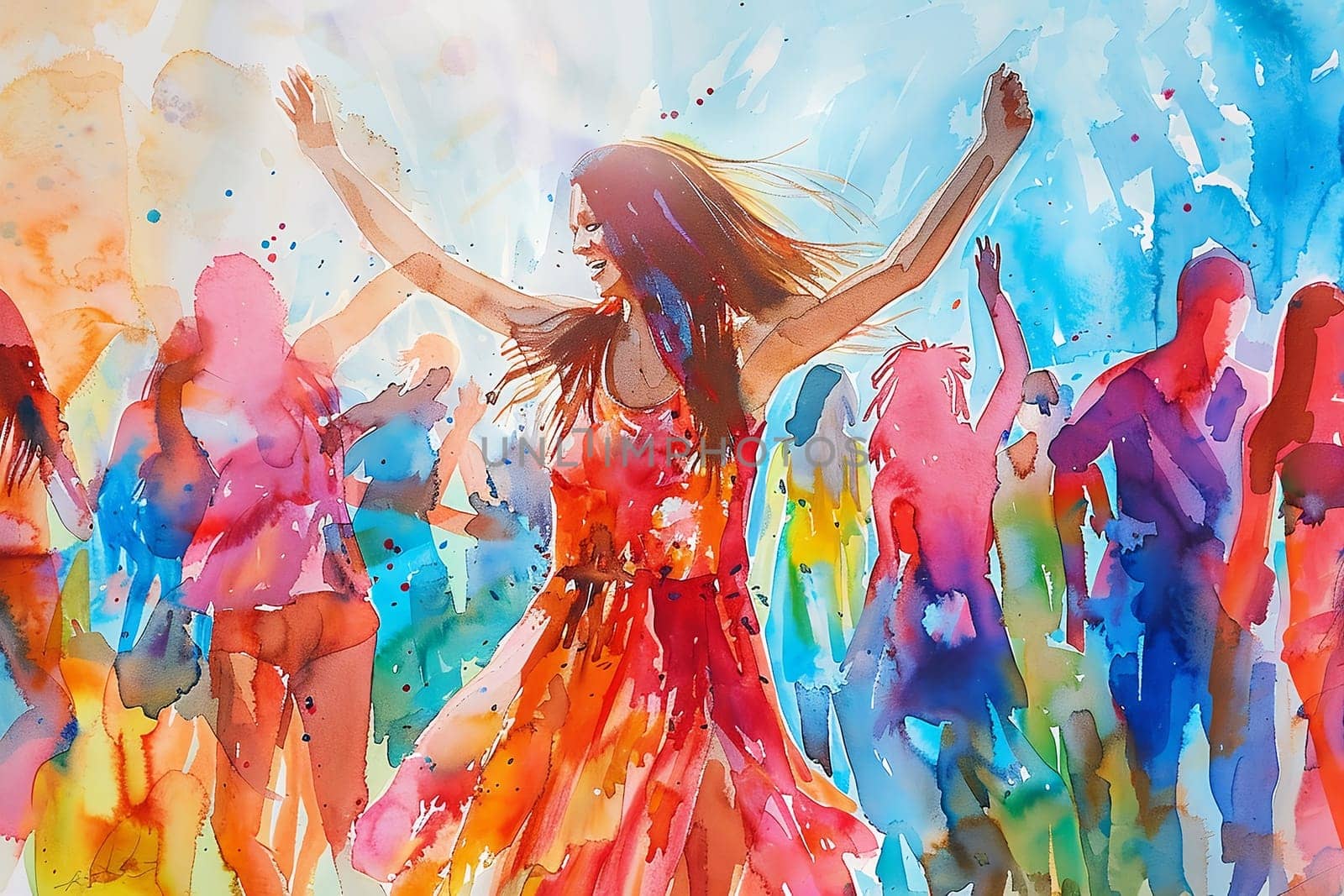 Watercolor illustration with drips and drops of paint: happy young people dancing, dancing silhouettes. Generated by AI