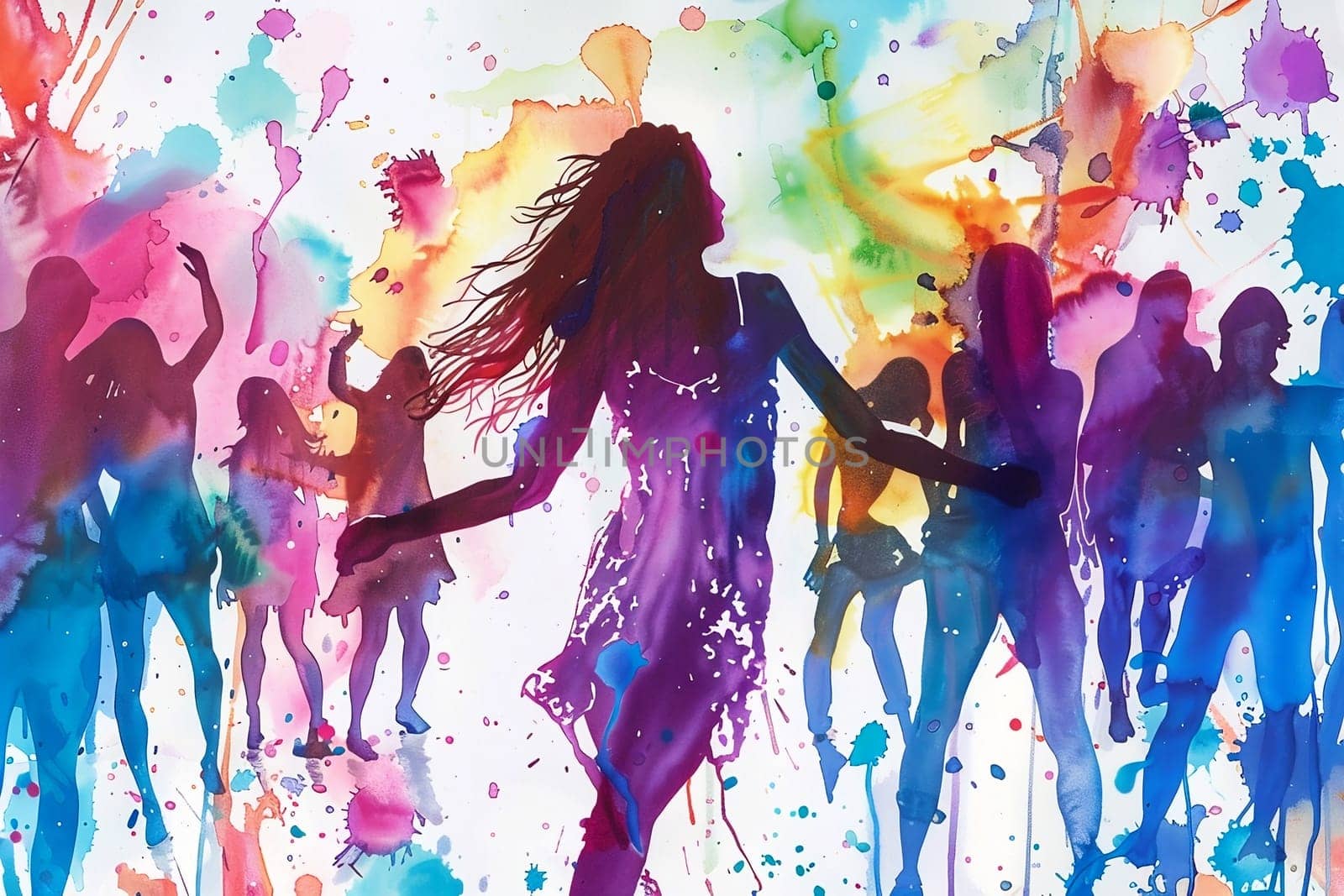 Watercolor illustration with drips and drops of paint: happy young people dancing, dancing silhouettes. Generated by AI