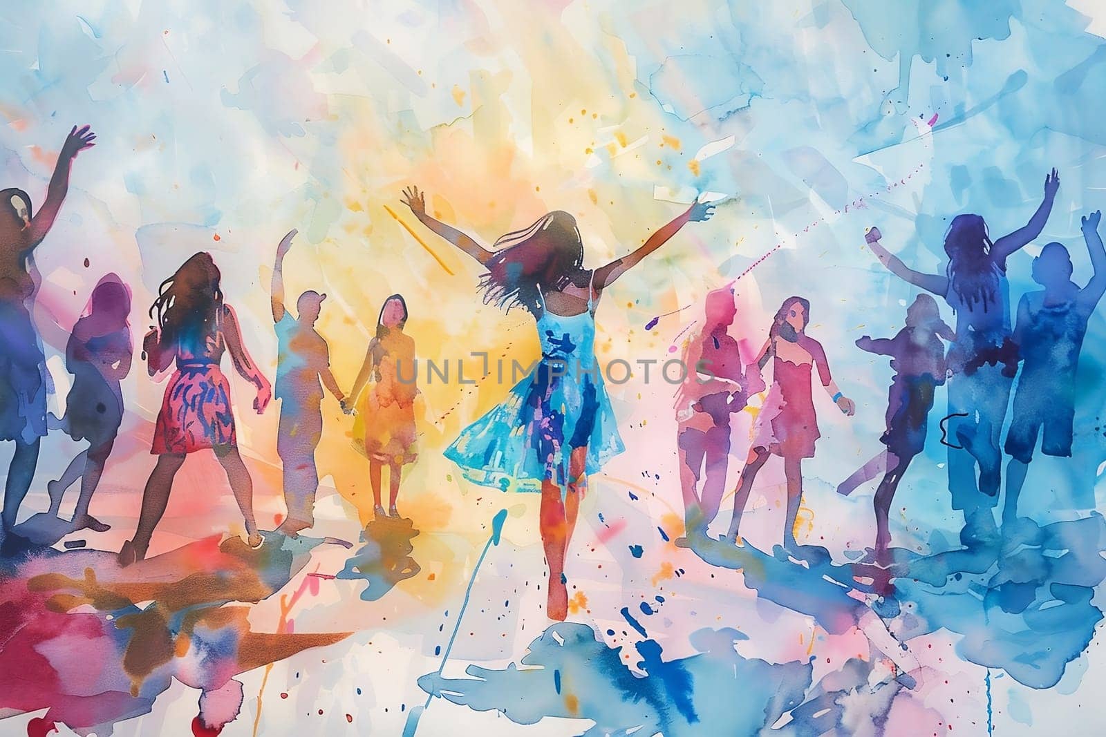 Watercolor illustration with drips and drops of paint: happy young people dancing, dancing silhouettes. Generated by AI