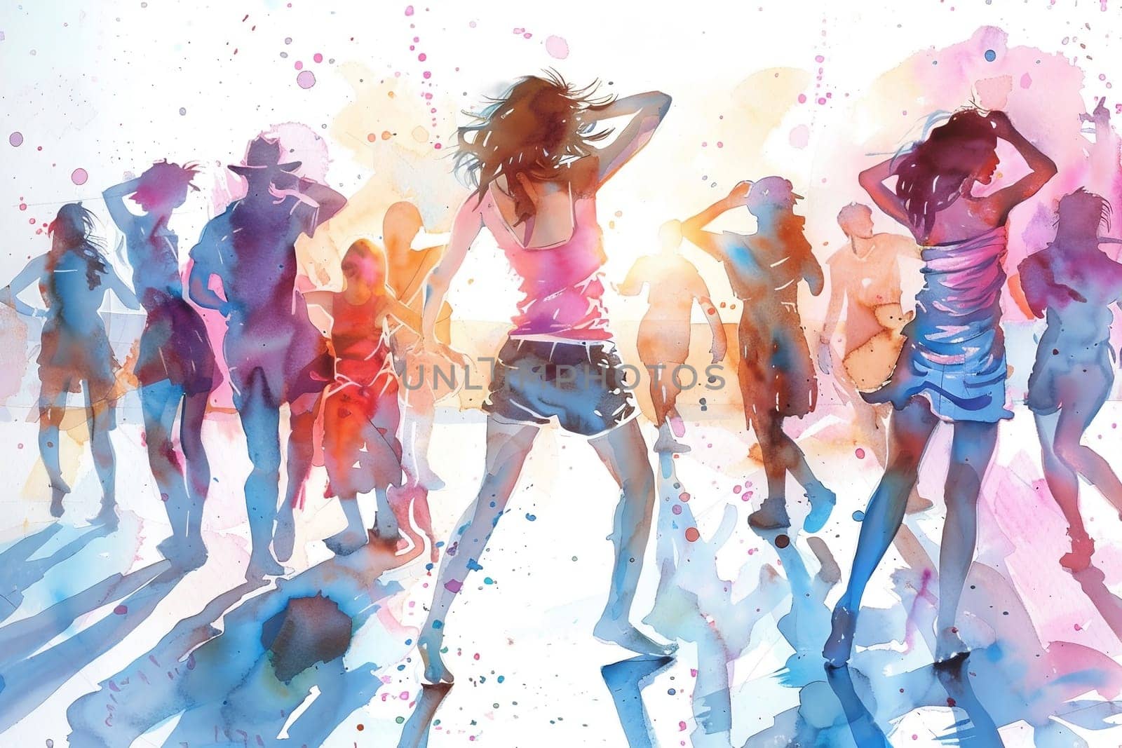 Watercolor illustration with drips and drops of paint: happy young people dancing, dancing silhouettes. Generated by AI