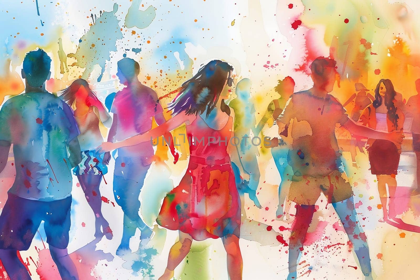 Watercolor illustration with drips and drops of paint: happy young people dancing, dancing silhouettes. Generated by AI