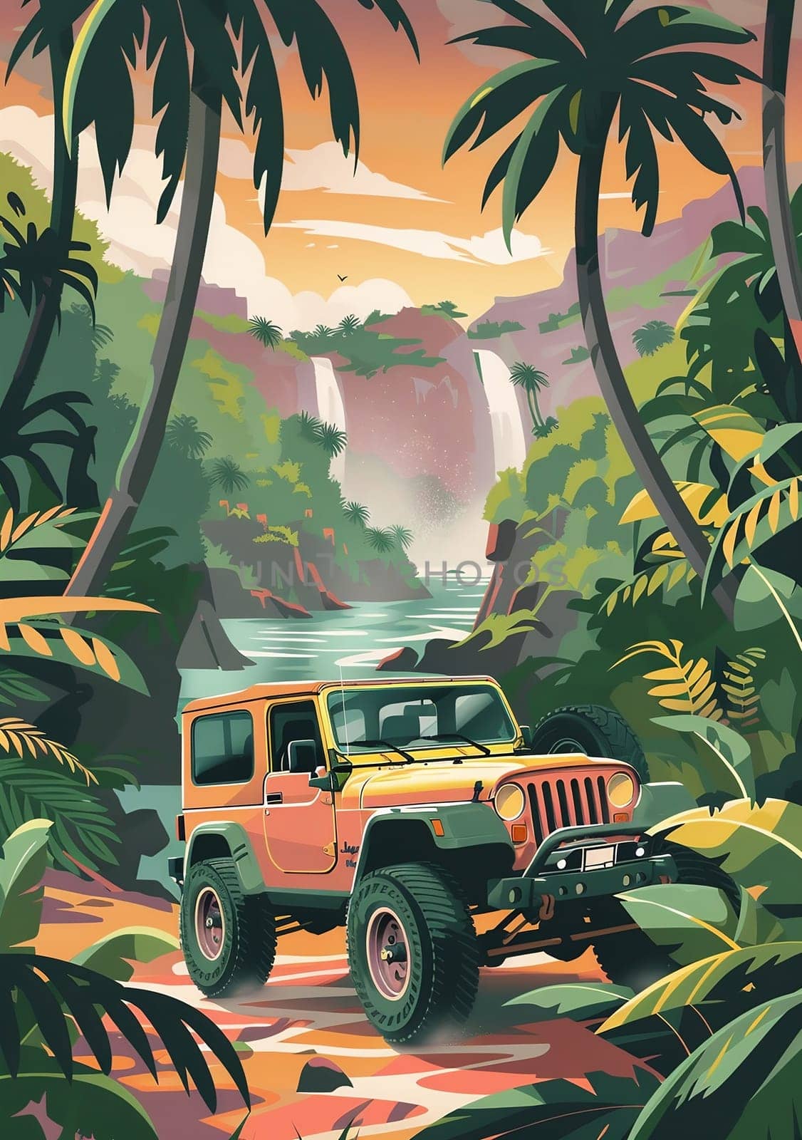 SUV all terrain vehicle in wild, Vintage poster. AI generated