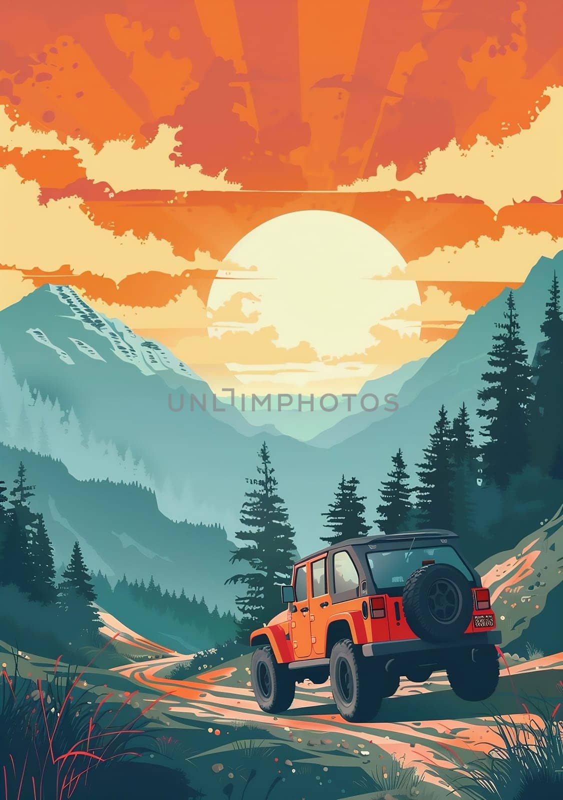 SUV all terrain vehicle in wild, Vintage poster. AI generated