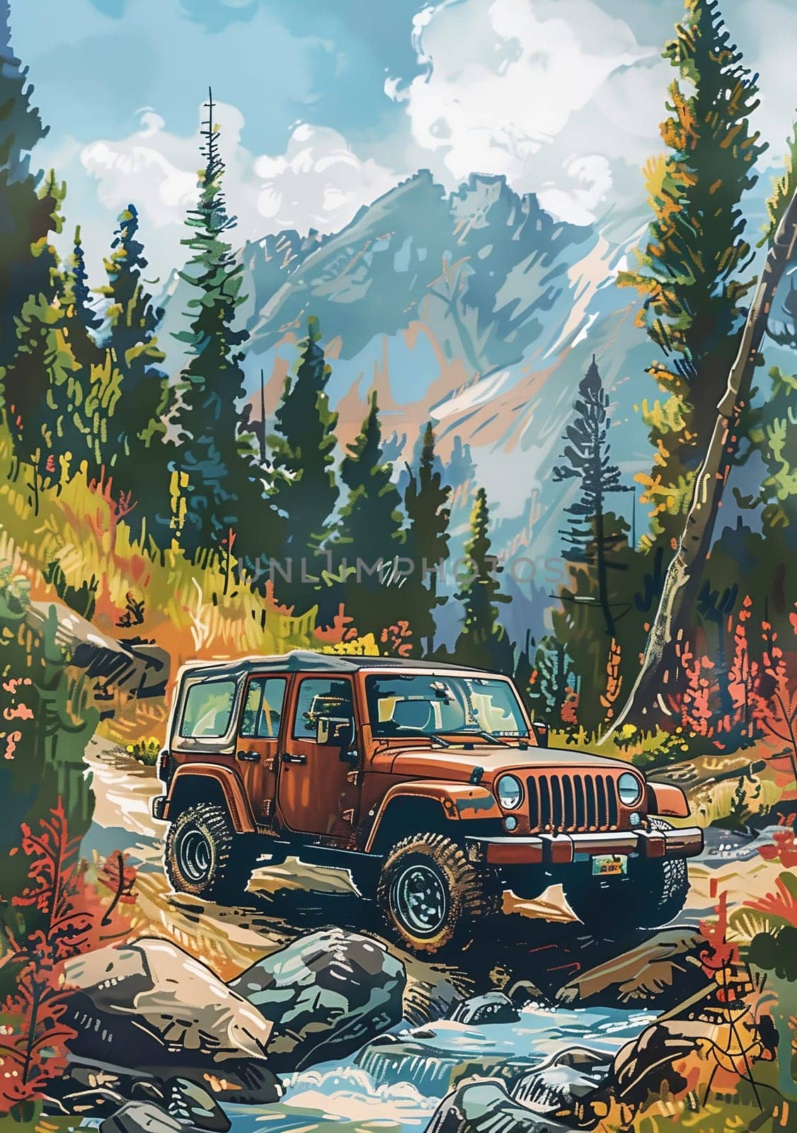 SUV all terrain vehicle in wild, Vintage poster. AI generated