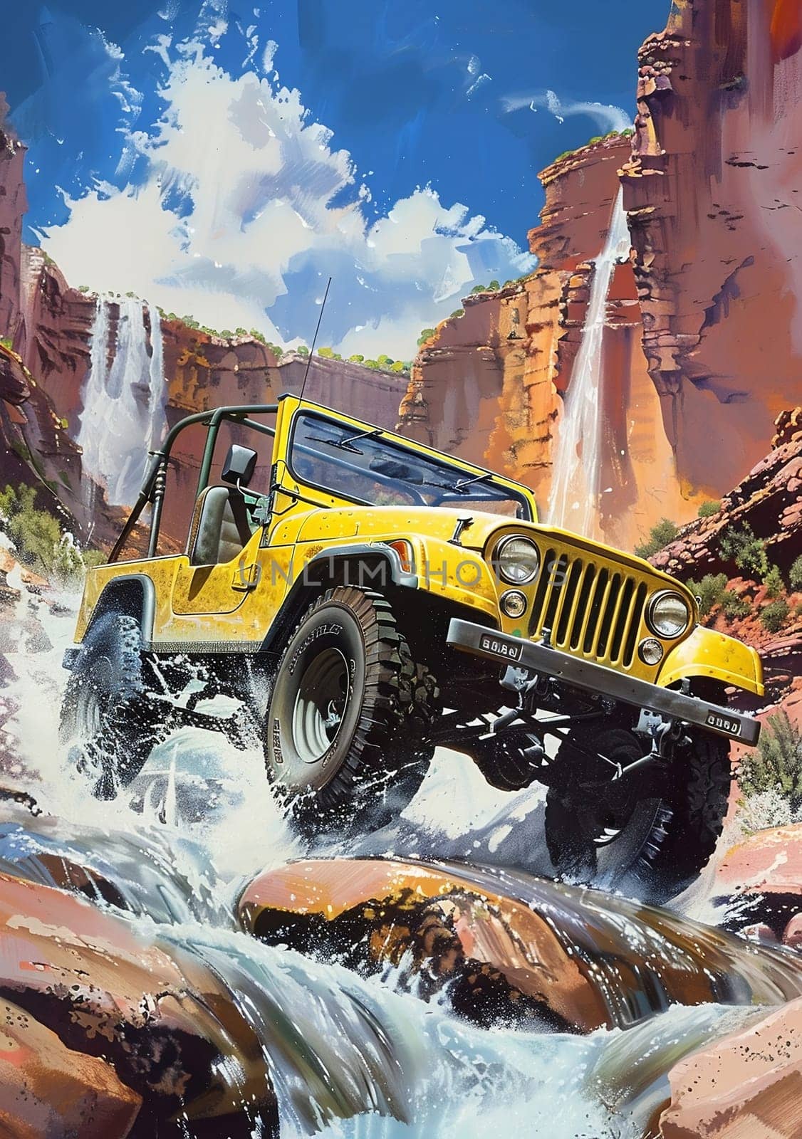 SUV all terrain vehicle in wild, Vintage poster. AI generated