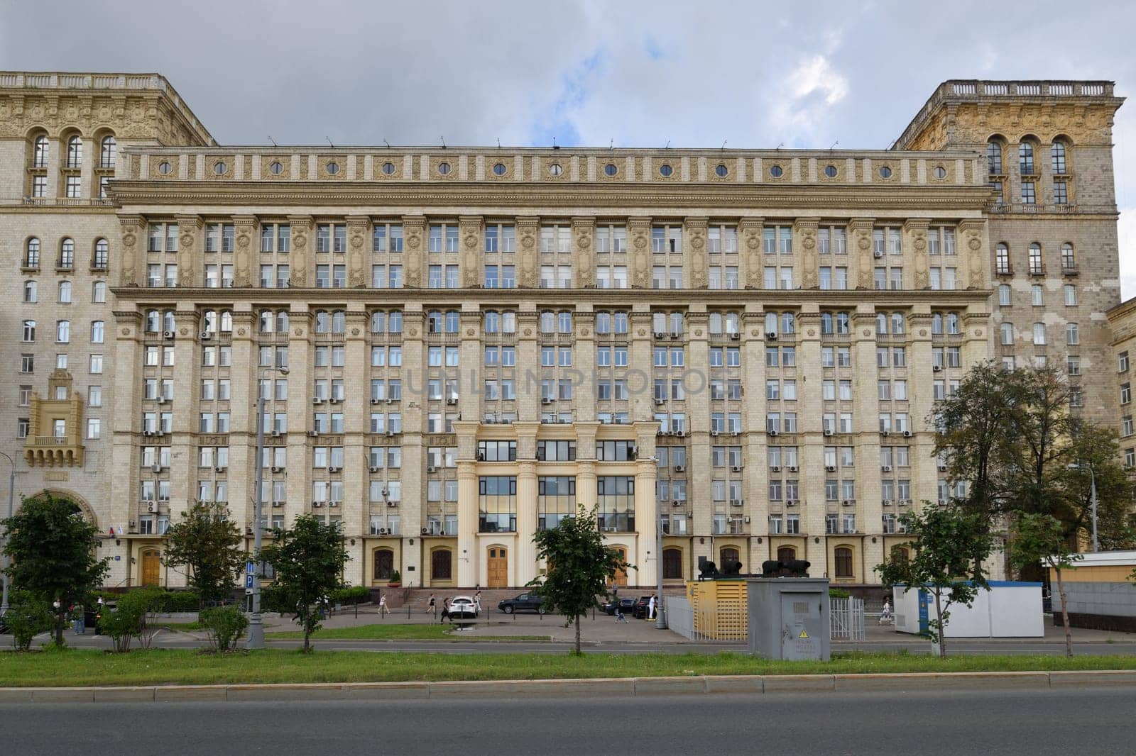 Moscow, Russia - Aug 3. 2024. multi-apartment residential building, Stalinist architecture of USSR