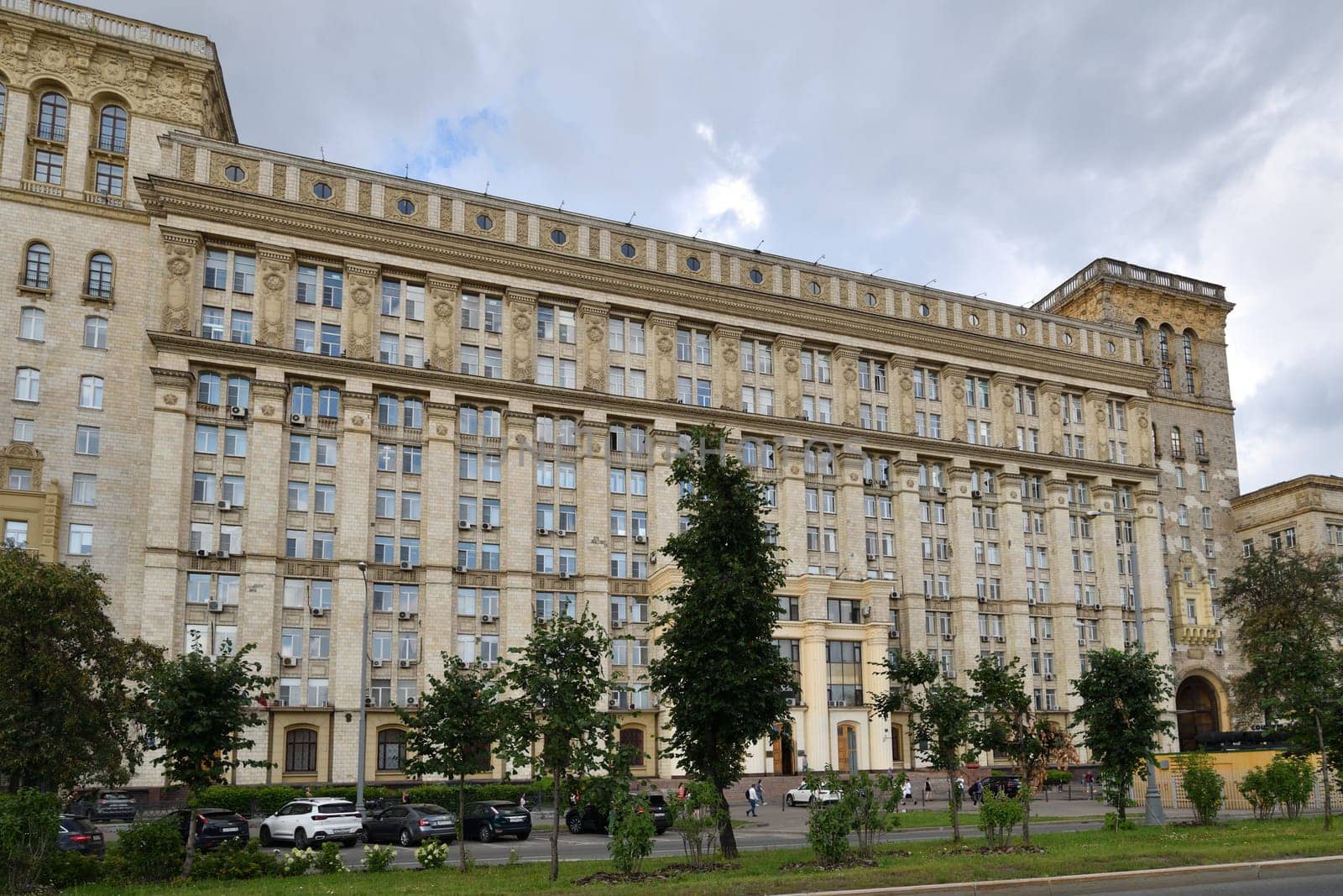 Moscow, Russia - Aug 3. 2024. multi-apartment residential building, Stalinist architecture of USSR